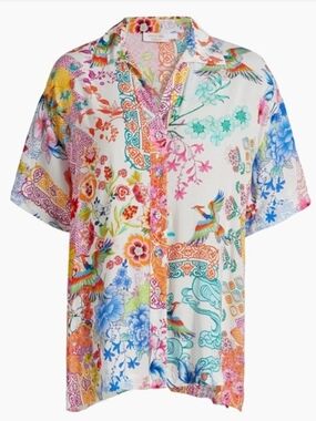 JOHNNY WAS XL EUC Paula Camp Shirt Vibrant  Floral & Bird Like New